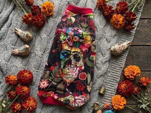 Ubranko dla kota w stylu Día de los Muertos – żywe kolory, wygodna koszulka.jpg