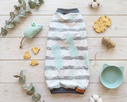 Letnie ubranko dla kota z jerseyu w szare paski w miętowe ananasy.jpg