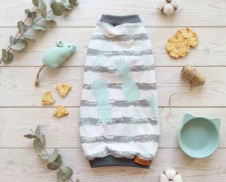 Letnie ubranko dla kota z jerseyu w szare paski w miętowe ananasy.jpg