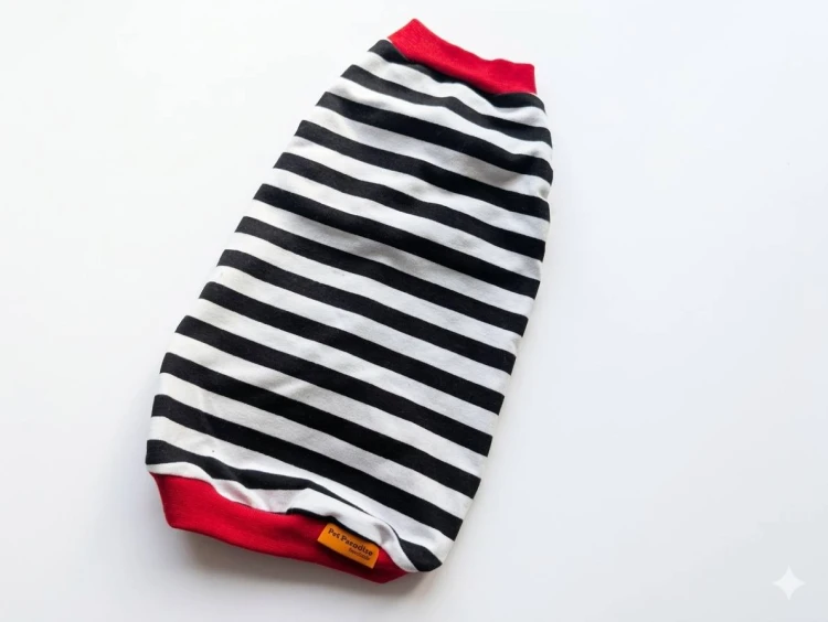 Bluzka dla kota w czarnobiałe paseczki z czerwonym ściągaczem1.jpg