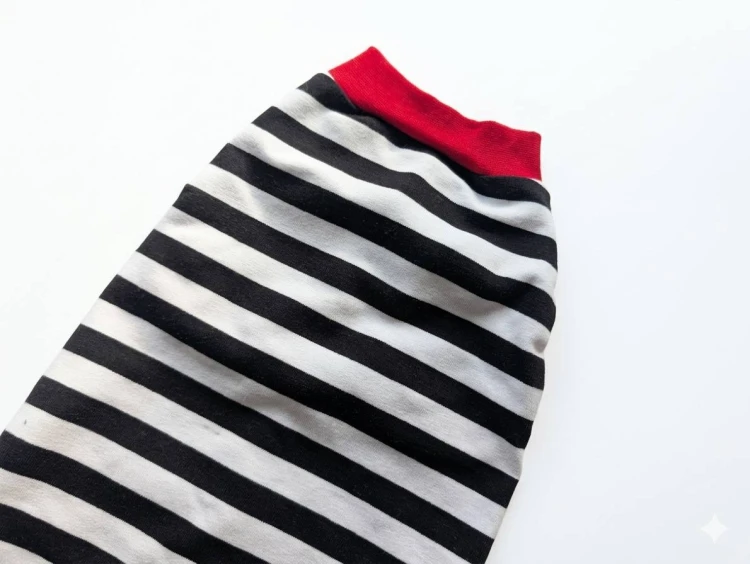 Bluzka dla kota w czarnobiałe paseczki z czerwonym ściągaczem2.jpg