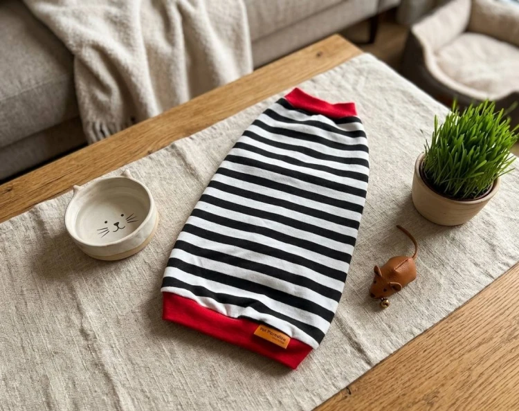 Bluzka dla kota w czarnobiałe paseczki z czerwonym ściągaczem.jpg