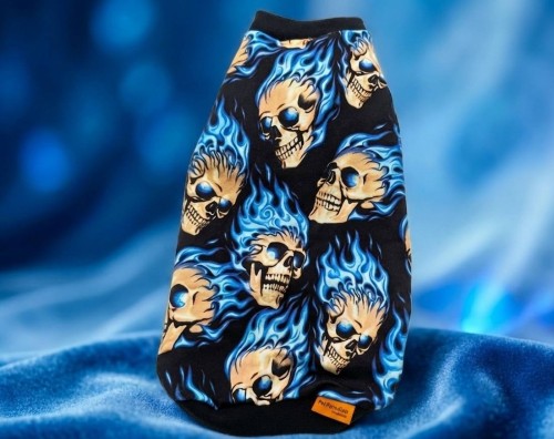 Ubranko dla kota z motywem czaszek i niebieskich płomieni.jpg